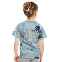 Blue Palaka Crane and Flowers Kid T Shirt Japan Heritage Spirit LT9 - Polynesian Pride