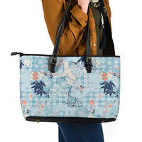 Blue Palaka Crane and Flowers Leather Tote Bag Japan Heritage Spirit - Polynesian Pride