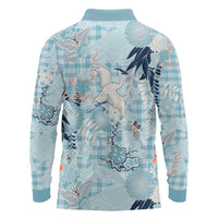 Blue Palaka Crane and Flowers Long Sleeve Polo Shirt Japan Heritage Spirit - Polynesian Pride
