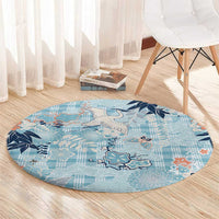 Blue Palaka Crane and Flowers Round Carpet Japan Heritage Spirit - Polynesian Pride