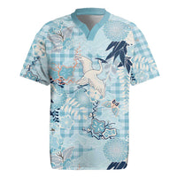 Blue Palaka Crane and Flowers Rugby Jersey Japan Heritage Spirit - Polynesian Pride