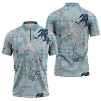 Blue Palaka Crane and Flowers Zipper Polo Shirt Japan Heritage Spirit - Polynesian Pride