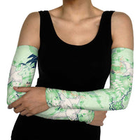 Green Palaka Crane and Flowers Arm Sleeves Japan Heritage Spirit LT9 - Polynesian Pride