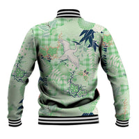Green Palaka Crane and Flowers Baseball Jacket Japan Heritage Spirit - Polynesian Pride