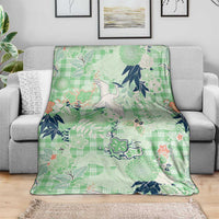 Green Palaka Crane and Flowers Blanket Japan Heritage Spirit - Polynesian Pride