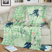 Green Palaka Crane and Flowers Blanket Japan Heritage Spirit - Polynesian Pride