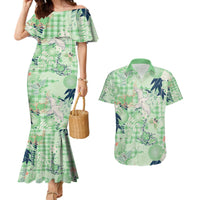 Green Palaka Crane and Flowers Couples Matching Mermaid Dress and Hawaiian Shirt Japan Heritage Spirit - Polynesian Pride