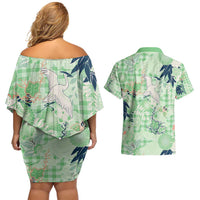 Green Palaka Crane and Flowers Couples Matching Off Shoulder Short Dress and Hawaiian Shirt Japan Heritage Spirit - Polynesian Pride