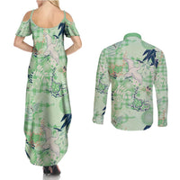 Green Palaka Crane and Flowers Couples Matching Summer Maxi Dress and Long Sleeve Button Shirt Japan Heritage Spirit - Polynesian Pride