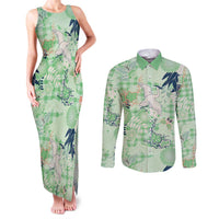 Green Palaka Crane and Flowers Couples Matching Tank Maxi Dress and Long Sleeve Button Shirt Japan Heritage Spirit - Polynesian Pride
