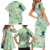 Green Palaka Crane and Flowers Family Matching Short Sleeve Bodycon Dress and Hawaiian Shirt Japan Heritage Spirit - Polynesian Pride