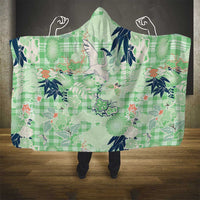 Green Palaka Crane and Flowers Hooded Blanket Japan Heritage Spirit - Polynesian Pride