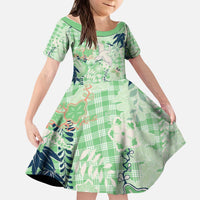 Green Palaka Crane and Flowers Kid Short Sleeve Dress Japan Heritage Spirit - Polynesian Pride