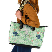 Green Palaka Crane and Flowers Leather Tote Bag Japan Heritage Spirit - Polynesian Pride