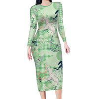 Green Palaka Crane and Flowers Long Sleeve Bodycon Dress Japan Heritage Spirit - Polynesian Pride