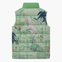 Green Palaka Crane and Flowers Sleeveless Puffer Jacket Japan Heritage Spirit - Polynesian Pride