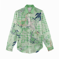 Green Palaka Crane and Flowers Women Casual Shirt Japan Heritage Spirit - Polynesian Pride