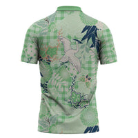 Green Palaka Crane and Flowers Zipper Polo Shirt Japan Heritage Spirit - Polynesian Pride