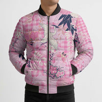 Pink Palaka Crane and Flowers Bomber Puffer Jacket Japan Heritage Spirit LT9 - Polynesian Pride