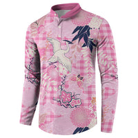 Pink Palaka Crane and Flowers Button Sweatshirt Japan Heritage Spirit - Polynesian Pride