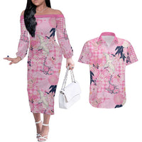 Pink Palaka Crane and Flowers Couples Matching Off The Shoulder Long Sleeve Dress and Hawaiian Shirt Japan Heritage Spirit - Polynesian Pride
