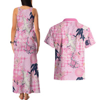 Pink Palaka Crane and Flowers Couples Matching Tank Maxi Dress and Hawaiian Shirt Japan Heritage Spirit - Polynesian Pride