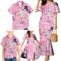 Pink Palaka Crane and Flowers Family Matching Mermaid Dress and Hawaiian Shirt Japan Heritage Spirit - Polynesian Pride
