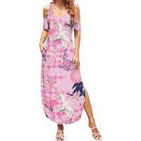 Pink Palaka Crane and Flowers Family Matching Summer Maxi Dress and Hawaiian Shirt Japan Heritage Spirit - Polynesian Pride