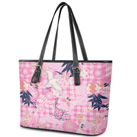 Pink Palaka Crane and Flowers Leather Tote Bag Japan Heritage Spirit - Polynesian Pride