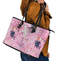 Pink Palaka Crane and Flowers Leather Tote Bag Japan Heritage Spirit - Polynesian Pride