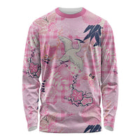 Pink Palaka Crane and Flowers Long Sleeve Shirt Japan Heritage Spirit - Polynesian Pride