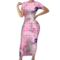 Pink Palaka Crane and Flowers Short Sleeve Bodycon Dress Japan Heritage Spirit - Polynesian Pride