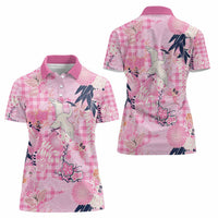 Pink Palaka Crane and Flowers Women Polo Shirt Japan Heritage Spirit - Polynesian Pride