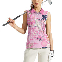 Pink Palaka Crane and Flowers Women Sleeveless Polo Shirt Japan Heritage Spirit - Polynesian Pride