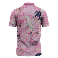 Pink Palaka Crane and Flowers Zipper Polo Shirt Japan Heritage Spirit - Polynesian Pride