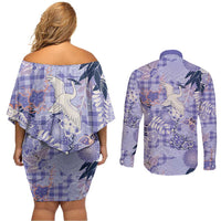 Purple Palaka Crane and Flowers Couples Matching Off Shoulder Short Dress and Long Sleeve Button Shirt Japan Heritage Spirit - Polynesian Pride