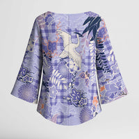 Purple Palaka Crane and Flowers Kimono Sleeve Blouse Japan Heritage Spirit - Polynesian Pride