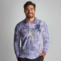 Purple Palaka Crane and Flowers Long Sleeve Polo Shirt Japan Heritage Spirit - Polynesian Pride