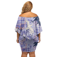 Purple Palaka Crane and Flowers Off Shoulder Short Dress Japan Heritage Spirit - Polynesian Pride