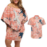 Red Palaka Crane and Flowers Couples Matching Off Shoulder Short Dress and Hawaiian Shirt Japan Heritage Spirit - Polynesian Pride