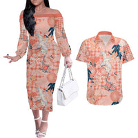 Red Palaka Crane and Flowers Couples Matching Off The Shoulder Long Sleeve Dress and Hawaiian Shirt Japan Heritage Spirit - Polynesian Pride