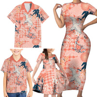 Red Palaka Crane and Flowers Family Matching Short Sleeve Bodycon Dress and Hawaiian Shirt Japan Heritage Spirit - Polynesian Pride