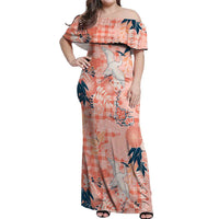 Red Palaka Crane and Flowers Off Shoulder Maxi Dress Japan Heritage Spirit - Polynesian Pride
