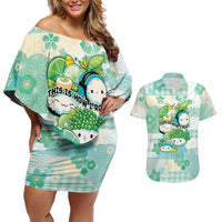 Personalized Japanese Kawaii Sushi Couples Matching Off Shoulder Short Dress and Hawaiian Shirt Green Wagara Palaka This Is How I Roll