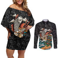 Personalized Japanese Koi Fish Ramen Couples Matching Off Shoulder Short Dress and Long Sleeve Button Shirt Tiki Surfing Wagara Hibiscus Pattern LT9 Black - Polynesian Pride