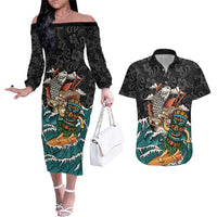 Personalized Japanese Koi Fish Ramen Couples Matching Off The Shoulder Long Sleeve Dress and Hawaiian Shirt Tiki Surfing Wagara Hibiscus Pattern