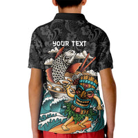 Personalized Japanese Koi Fish Ramen Kid Polo Shirt Tiki Surfing Wagara Hibiscus Pattern LT9 - Polynesian Pride