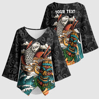 Personalized Japanese Koi Fish Ramen Kimono Sleeve Blouse Tiki Surfing Wagara Hibiscus Pattern