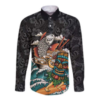 Personalized Japanese Koi Fish Ramen Long Sleeve Button Shirt Tiki Surfing Wagara Hibiscus Pattern