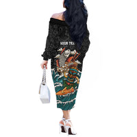Personalized Japanese Koi Fish Ramen Off The Shoulder Long Sleeve Dress Tiki Surfing Wagara Hibiscus Pattern